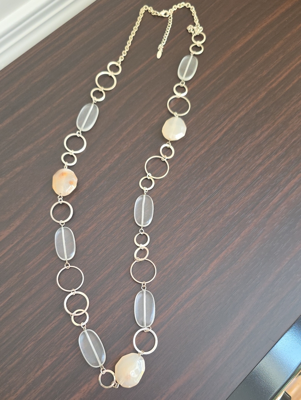 Esmor Boho Silver-Tone Linked Station Necklace with Translucent and Cream Beads